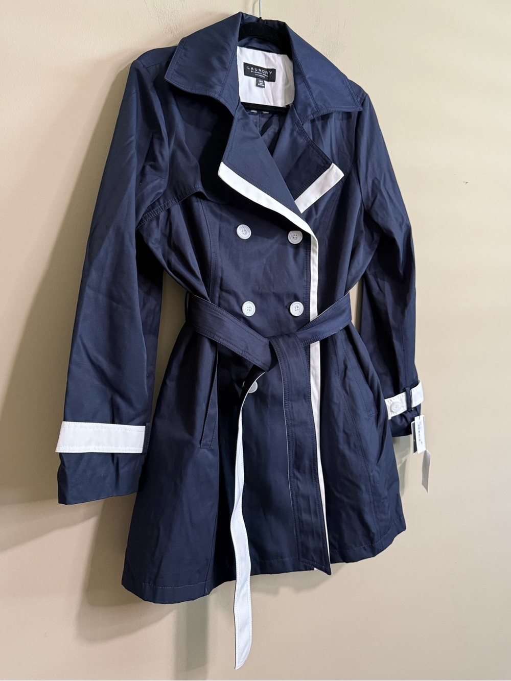 Laundry by Shelli Segal NWT Navy White Contrast Belted Trench Coat L - Picture 3 of 9